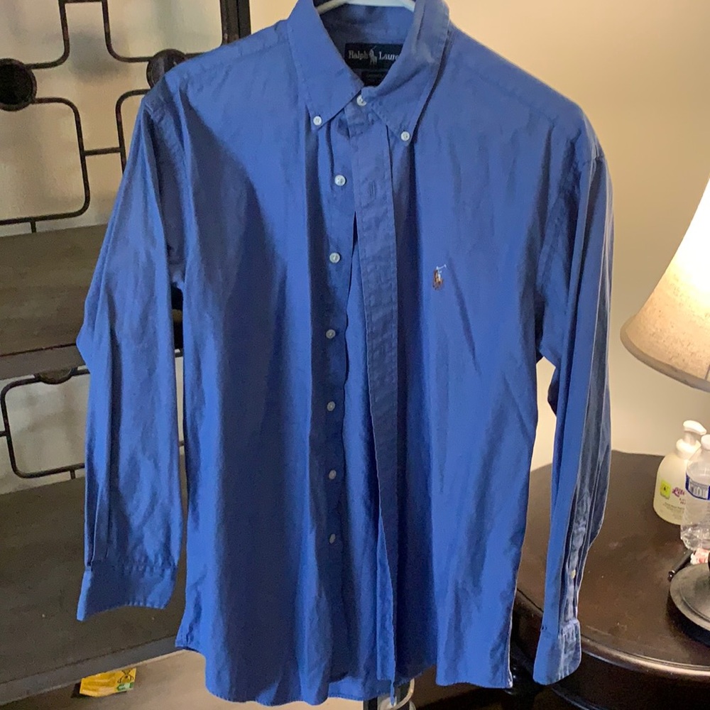 Ralph Lauren button up. Blue shirt with brown and white logo